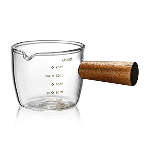 Mwellewm Single Spout Espresso Coffee Shot Glass with Wood Handle Measuring Cup Triple Pitcher Milk Cup Coffee Replacement Carafe for Barista Coffee Carafe Milk Espresso Making, 75 ml (1 Piece) - size: 1 Piece