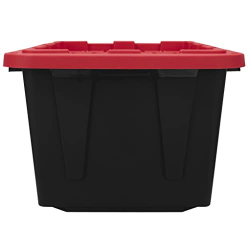 27 Gal Industrial Tote,Pack of 2 red Plastic storage bins with lids for Garage, Basement, or Outdoor,Heavy Duty storage Totes,Black with Red Lid,Stackable & Nestable,Black/Red
