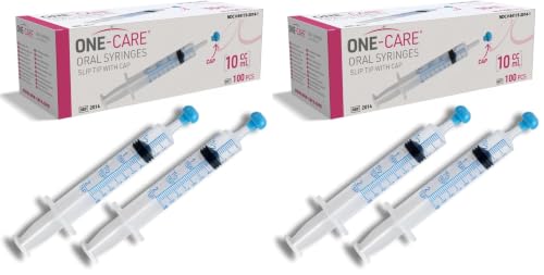 200 Pack, ONE-CARE 10ml Oral Syringe with Cap - Sterile, Individually Wrapped - (100 Syringes 10ml), Slip Tip, Uses include oral administration of medicine for infants, adults and animals - size: 10 ml Blue Scale (Pack of 2)
