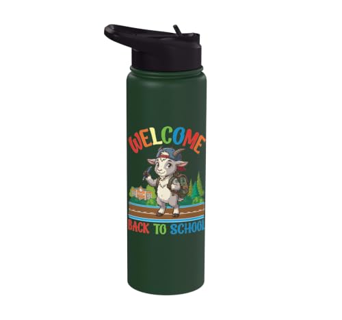 Welcome Back To School Cute Goat Student Boys Girls Kids Stainless Steel Insulated Water Bottle - color: Dark Green