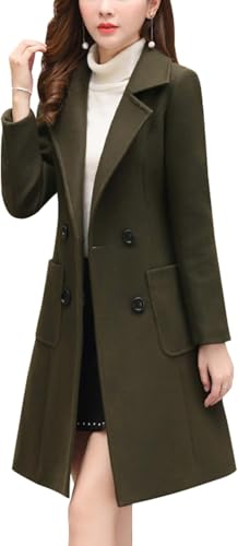 Women's Elegant Wool Blend Pea Coat Notched Lapel Double Breasted Winter Warm Mid Long Overcoat - color: Army Green, size: Large