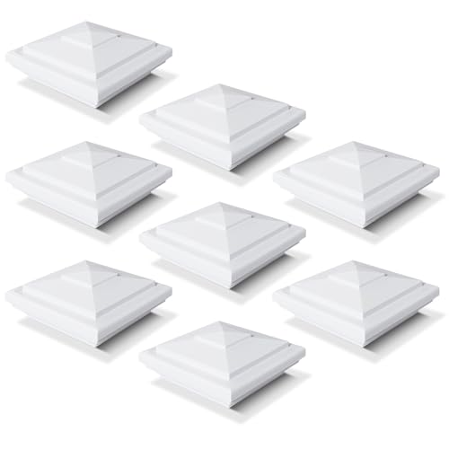 VIVIDA 4" Vinyl Fence Post Caps 8 PCS, White New England PVC Post Caps | Actual 4" x 4", New England Pyramid Post Cap, Plastic Square Top Cover, For Vinyl Fences, Mailboxes & Decks - color: White-8 Pack, size: Actual 4" x 4"