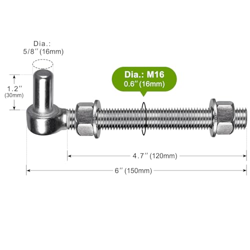 Insaga M16x 6'' J-Bolt Gate Hinge, 304 Stainless Steel J-Bolt Post Hinge for Farm Gate, 5/8" Male Pin J-Bolt Hinge for Chain Link Fence Gate, Gate Hinges for Metal Gates (2Pcs) - color: M16-6''-2PCS