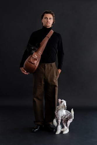 Noah & Paw Dog Sling Carrier for Small Dogs 5-18lb, Dog Sling for Small Dogs and Cats, Dog Carrier with Adjustable Padded Strap, Vegan Leather Lined with Fur, Double Safety Feature, Machine Washable - color: Brown