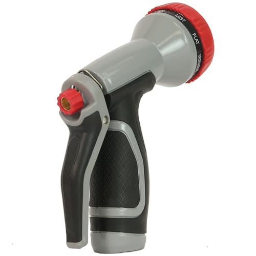 Chapin 46847: 9-Pattern Garden Hose Spray Nozzle with Rear Trigger Grip, Threaded Connection Fits Standard Garden Hose, for Gardening, Landscaping, Watering and Outdoor Jobs, Red/Black/Grey