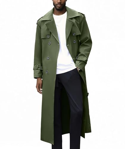 Pantete Men's Double Breasted Trench Coat Oversized Casual Windbreaker Lapel Long Jacket Overcoat - color: Army Green, size: X-Large