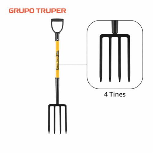 Truper Tru Pro 4-Tine Spading Fork, 30-Inch Heavy-Duty Fiberglass Handle with D-Grip, Professional Forged Steel Digging and Aerating Tool (Model BJ-4F / 30299) - size: 30-Inch, style: Tru Pro - Spading Fork 4-Tine