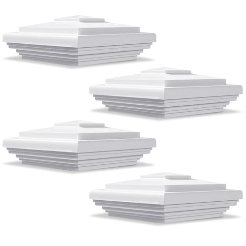 VIVIDA 5" x 5" Vinyl Fence Post Caps, White New England PVC Post Cap, 4 PCS | Actual 5" x 5", New England Pyramid Post Cap, Plastic Square Top Cover, For Vinyl Fences, Mailboxes & Decks - color: White-4 Pack, size: Actual 5" x 5"
