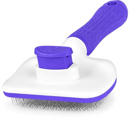 Pet Grooming Brush for Cats & Dogs, Self-Cleaning Undercoat Deshedding & Massage Tool, Purple - color: Purple