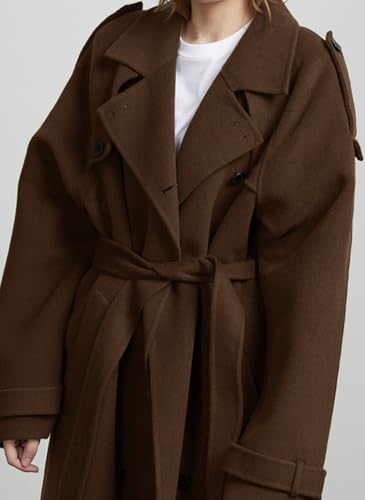 chouyatou Women's Winter Double Breasted Wool Coat Long Sleeve Notch Lapel Midi Long Winter Trench Coat with Belt - color: Brown, size: XX-Large