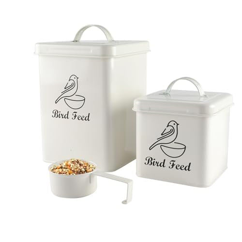 Set of 2 Metal Bird Seed Storage Container,Combined 8lbs Bird Seed Container with Scoop,Wild Bird Food Bins for Storing Sunflower Seed-Sturdy and Squirrel proof-6''x9''+5''x5''-White
