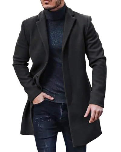 PASLTER Mens Trench Coat Slim Fit Mid Length Pea Coat Winter Overcoat | Notched Collar,Single Breasted,Warm Peacoat Jacket,Soft Mens Dress Coat,Fall Winter Mens Trench Coat Long - color: Black, size: XX-Large