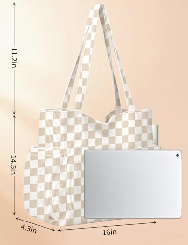 Corduroy Tote Bag for Women, Cute Floral Tote Bag with Zipper, Large Shoulder Handbag with Multi-Pockets for Work Travel Gym - color: Khaki Checkered