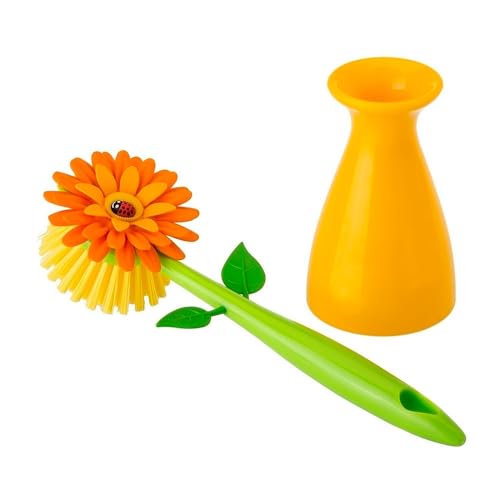 Vigar Flower Power Dish Brush with Handle and Vase Holder - Orange | Dish Scrub Brush for Dishes, Kitchen Scrub Brush, Sink Cleaning Brush, Pot Scrubber, Dishwashing Brush - color: Orange