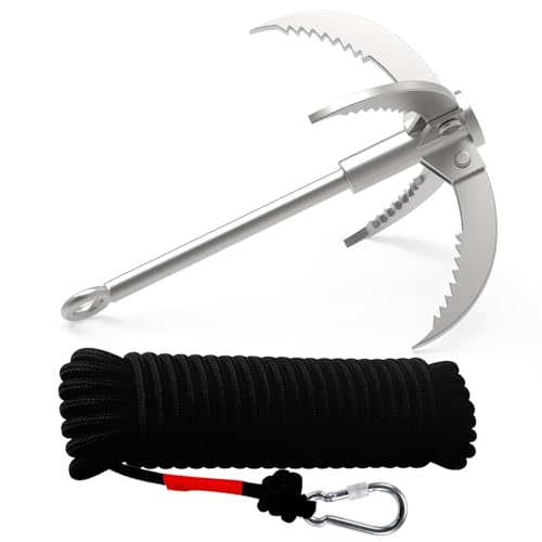 Ant Mag Grappling Hook Stainless Steel Claw Carabiner, 8mm 65ft Black Rope | Auxiliary Rope for Camping, Hiking, Tree Grabbing, Water Lifting, Salvage, Heavy Duty Outdoor Rescue Gear