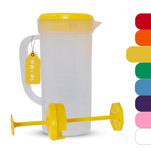 1 Quart Plastic Mixing Pitcher with Mixing Lid, BPA Free, Shatterproof Beverage Jug for Iced Tea, Lemonade, Juices, Milk – Leak-Proof, Easy Stirring, Dishwasher Safe | Yellow - color: Yellow, Mixing Pitcher w/ Opt. Lid