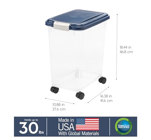 IRIS USA Dog Food Storage Container, Up to 30 lbs, Navy, Made in USA | Wheels for Mobility, Airtight Seal, BPA-Free, Best for Bird Seed, Cat food, Cat Litter, Chicken Feed, Pellets - color: Navy, size: 30 lbs