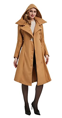 Long Trench Pea Coat for Women - Winter Trench Coat Goth Lapel Peacoat Outwear Thick Hood Pea Jacket Trenchcoat - color: A- Khaki, size: Medium