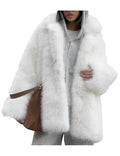 COZYPOIN Womens Faux Fur Coats Mid Long Warm Winter Fluffy Jackets | Shawl Collar, Long Sleeve, Pockets, Snap Button, Smooth Lining, Loose Fit, Fuzzy Shaggy Coat, for Daily Party Holiday Wear - color: White, size: Large