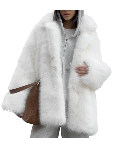 COZYPOIN Womens Faux Fur Coats Mid Long Warm Winter Fluffy Jackets | Shawl Collar, Long Sleeve, Pockets, Snap Button, Smooth Lining, Loose Fit, Fuzzy Shaggy Coat, for Daily Party Holiday Wear - color: White, size: Large