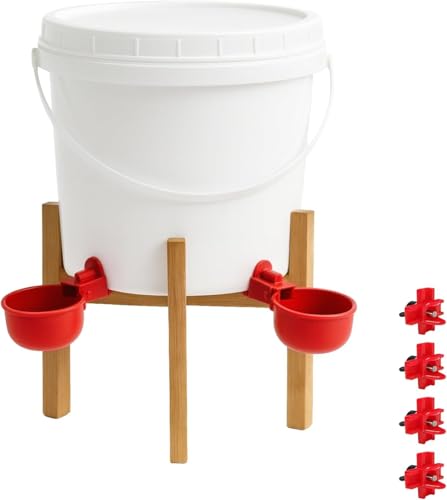 1 Gallon Chicken Waterer with Stand, 4 Cups and 4 Horizontal Nipples | Raised, lowered or hanging setup; top-fill bucket with handle; for chickens, ducks, geese, chicks and backyard coops