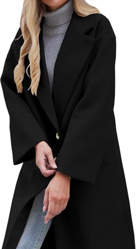 Women's Notch Lapel Single Breasted Pea Coat | Premium Wool Blend, Oversized Long Casual Overcoat with Pockets, Fall and Winter - color: Black, size: Large