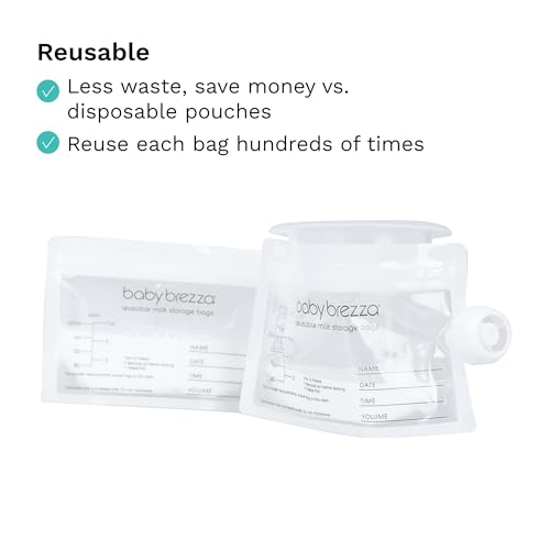 Baby Brezza Reusable Breastmilk Storage Bags, 10 Pack With Filling Funnel | Self Standing Bags with Funnel + Wide Opening for No Spill, Easy Filling - Leak Proof, Double Zipper Seal, Dishwasher Safe