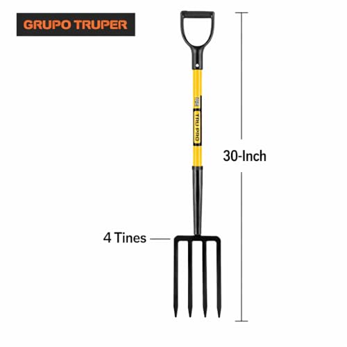 Truper Tru Pro 4-Tine Spading Fork, 30-Inch Heavy-Duty Fiberglass Handle with D-Grip, Professional Forged Steel Digging and Aerating Tool (Model BJ-4F / 30299) - size: 30-Inch, style: Tru Pro - Spading Fork 4-Tine