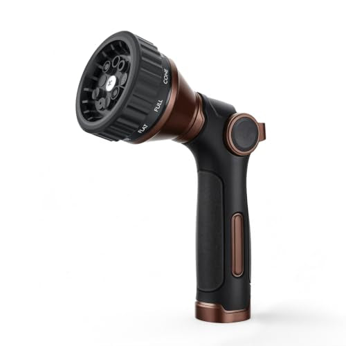 RESTMO Water Hose Nozzle Heavy Duty, Garden Hose Sprayer Thumb Control | Premium Zinc Alloy Metal, 8 Spray Patterns, Flow Adjustable, for Outdoor Plants & Lawns Watering, Cars & Pets Washing, Brown - color: Brown