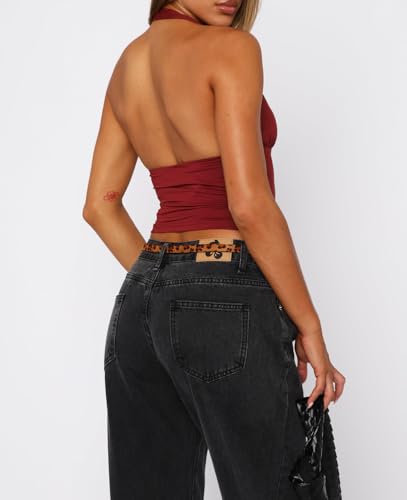 ForeFair Women Sexy Halter Deep V Neck Backless Crop Tank Top Open Back Sleeveless Slim Fit Y2k Summer Tops - color: Burgundy, size: Small