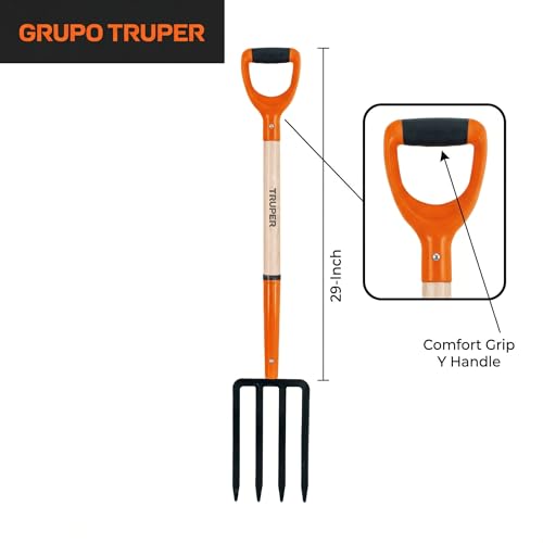 Truper Garden Fork, 4 Tines, 29-Inch Ash Wood Handle with Comfort Grip Y Handle, Forged One-Piece Steel Head (Model BJ-4P / 11018)