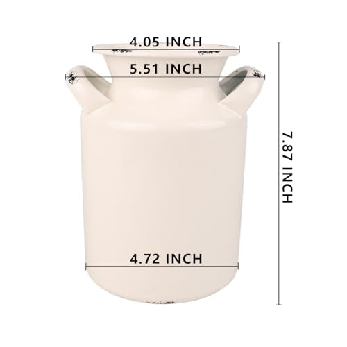 Shabby Chic Classy Designed White Milk Can Galvanized Finish Metal Vase Country Rustic Primitive Decorative Flower Holder for Home Office Garden, 7.87" H