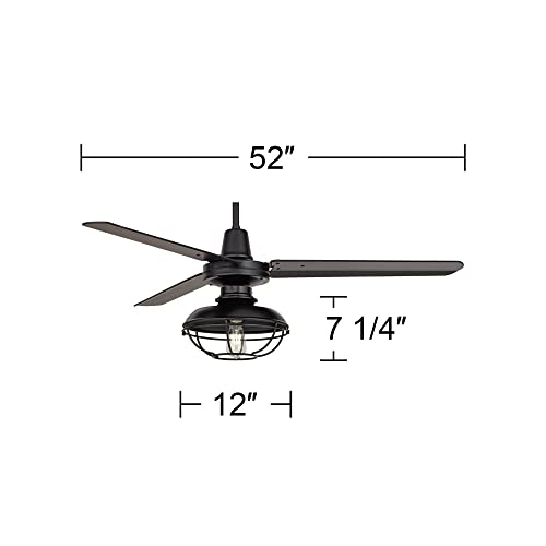 52" Plaza Matte Black Cage Damp Outdoor Ceiling Fan with Light Remote | Industrial Modern 3 Blade Style Rated for Patio Exterior House Porch Gazebo Garage Barn