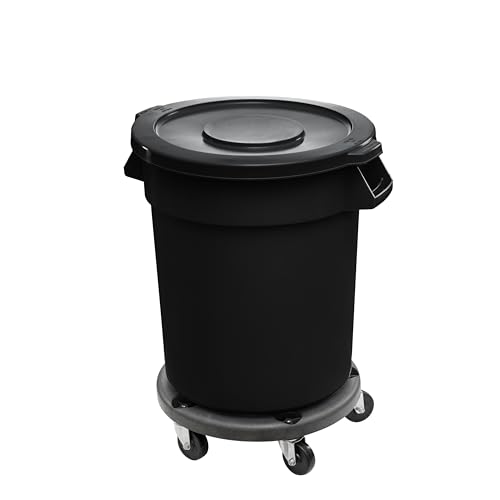 Feed and Seed Storage Container, 32 Gallon Black Round Commercial Trash Can with Lid and Dolly, Food Storage Plastic Bin, Use in Agricultural, Gardening, or Household - color: Black, size: 32 Gallon Container with Lid and Dolly