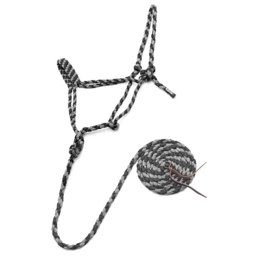 Jeffers Equine Braided Mule Tape Halter with 10' Detachable Lead Rope Set for Horses, 14 to 18 Hands - Stylish Design with Adjustable Poll Strap, Easy to Use Western Tack - Black and Gray - color: Black & Grey