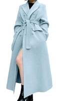 Women Long Winter Wool Pea Coat Lapel Double Breasted Trench Over Coat with Belt - color: Blue, size: Small
