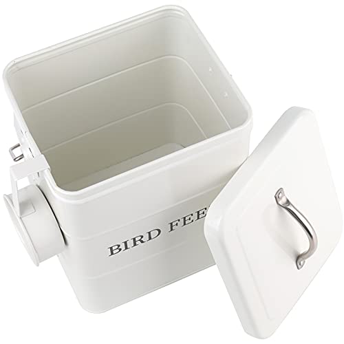 DEAYOU Pet Food Storage Tin with Lid, Metal Bird Seed and Feed Container with Serving Scoop, Treats Storage Canister Bin Can for Dogs, Cats Food, Coated Carbon Steel, Tight Fitting Lid, White, 5-6 Lbs