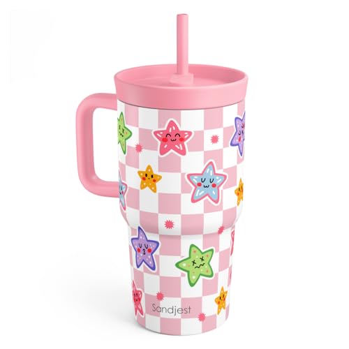 SANDJEST Checker and Star Stainless Steel Tumbler 20oz with Handle and Silicone Straw Locking Lid for Kids Girls, Birthday Christmas Back to School - color: Checker 1