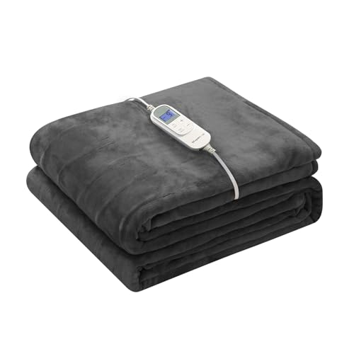 Wapaneus Foot Pocket Heated Blanket Electric Throw with 10 Heating Levels and Auto Shut Off, Flannel Fast-Heating Heated Throw 50" x 60", Machine Washable, Dark Grey - color: Grey, size: 50*60in