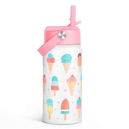 SANDJEST Ice Cream Kids Water Bottle With Straw Lid 12oz Insulated Stainless Steel, Travel Tumbler, Gifts For Girls, Birthday, Christmas, Back To School - color: Ice Cream 1