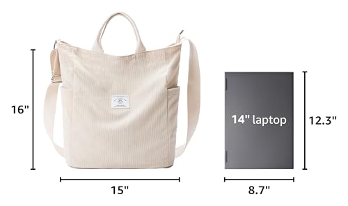 KALIDI Corduroy Tote Bag, Large Slouchy Hobo Messenger Crossbody Bag | Anti Splash Zipper Side Pockets Shoulder Bag Adjustable Strap Lightweight Casual Work Shopping Women - color: Beige