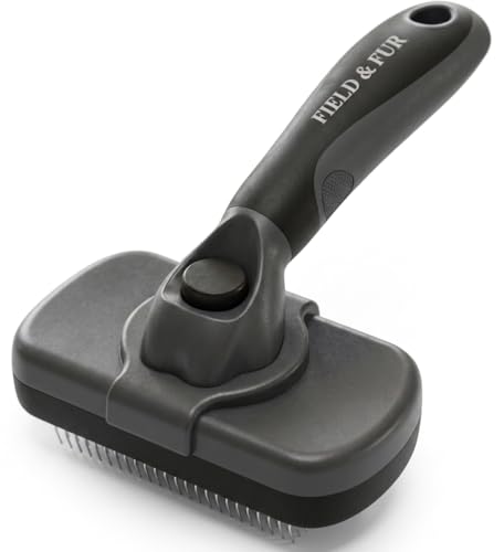 FIELD & FUR Self-Cleaning Slicker Brush for Dogs & Cats, Pin Brush for Goldendoodles, Labradoodles, Poodles, Puppies & Long-Haired Coats - Skin-Friendly Stainless Steel Pins for Shedding & Dematting