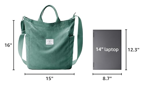 KALIDI Corduroy Tote Bag, Large Slouchy Hobo Messenger Crossbody Bag | Anti Splash Zipper Side Pockets Shoulder Bag Adjustable Strap Lightweight Casual Work Shopping Women - color: Green