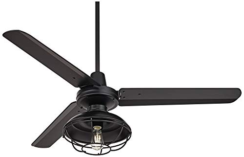 52" Plaza Matte Black Cage Damp Outdoor Ceiling Fan with Light Remote | Industrial Modern 3 Blade Style Rated for Patio Exterior House Porch Gazebo Garage Barn