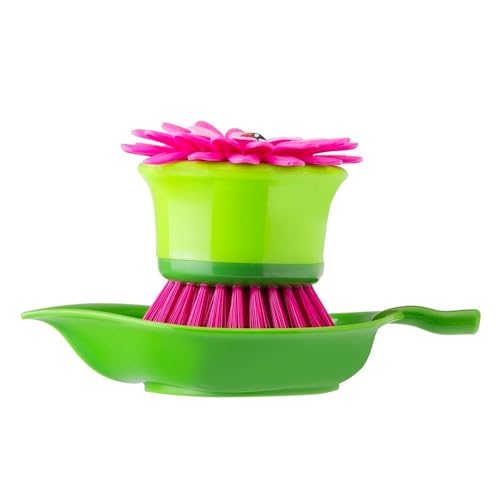 Vigar Flower Power Palm Dish Scrub Brush with Holder - Pink, Green | Kitchen Brushes for Dishes, Sink Brush, Cleaning Brushes for Household Use - color: Pink, Green
