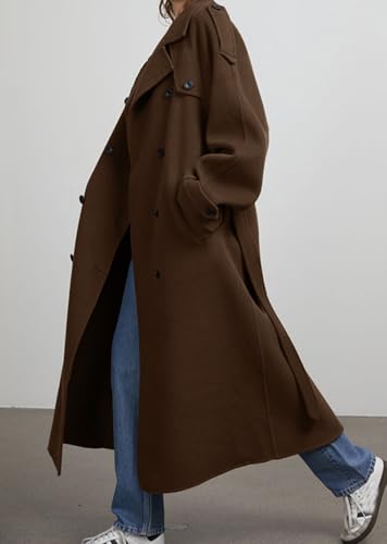 chouyatou Women's Winter Double Breasted Wool Coat Long Sleeve Notch Lapel Midi Long Winter Trench Coat with Belt - color: Brown, size: Medium