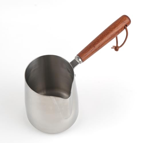 12 oz Milk Frothing Pitcher 350ml Stainless Steel Milk Steamer Cup | Wood Handle for Coffee Espresso Machines Accessories