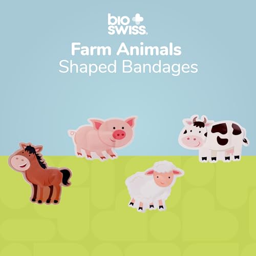 BioSwiss Bandages, Farm Animal Shaped Self Adhesive Bandage Set, Latex Free, Sterile Wound Care, 50 Count - size: 50-Count Tin, style: Farm Animals