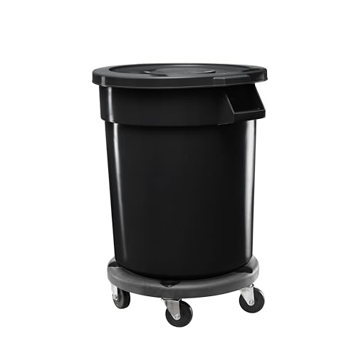 Feed and Seed Storage Container, 32 Gallon Black Round Commercial Trash Can with Lid and Dolly, Food Storage Plastic Bin, Use in Agricultural, Gardening, or Household - color: Black, size: 32 Gallon Container with Lid and Dolly