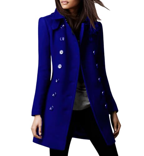 chouyatou Women's Winter Double Breasted Wool Coat Elegant Collared Wool Blend Trench Pea Coat - color: Blue, size: Large